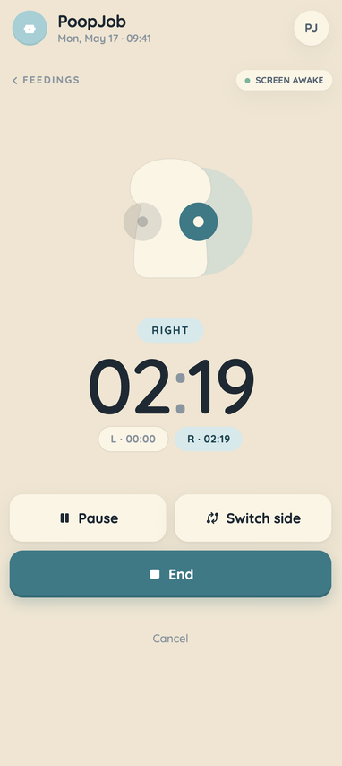 PoopJob feeding screen with active timer running