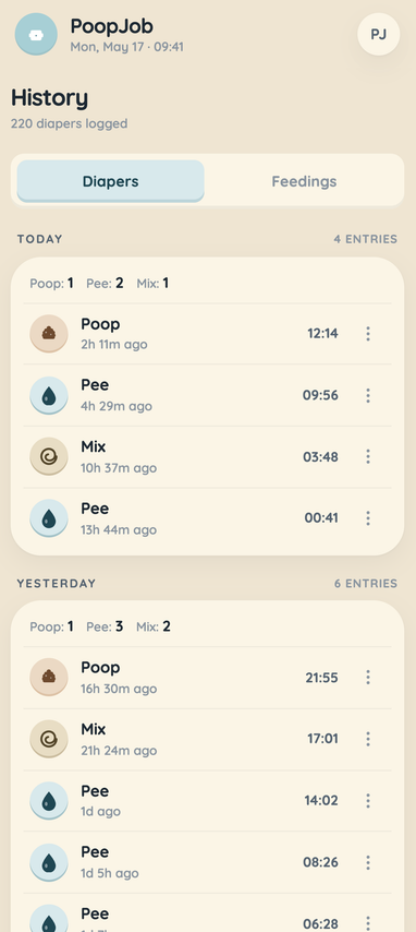PoopJob history screen showing the diapers tab
