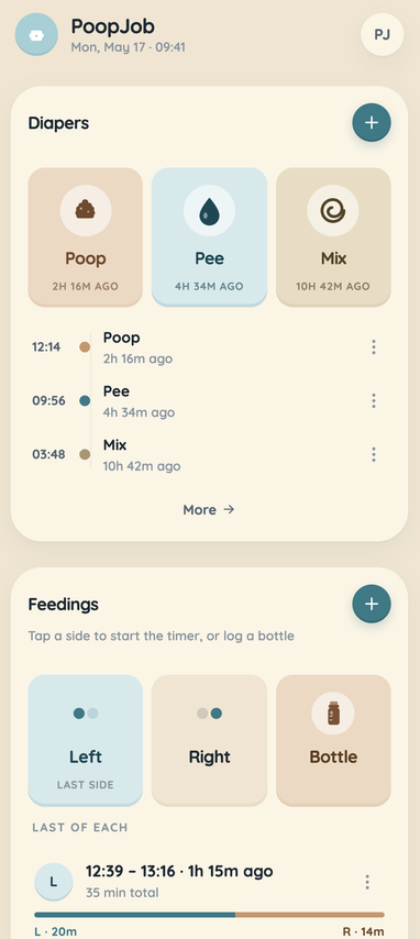 PoopJob home screen showing the feedings card