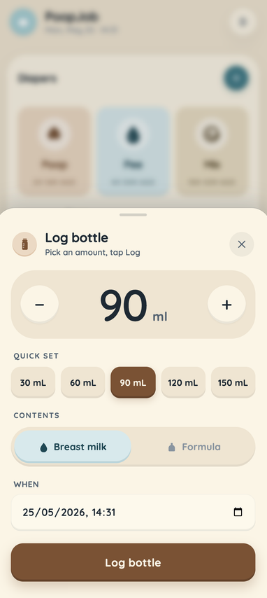 PoopJob log bottle screen for recording bottle feeding amounts